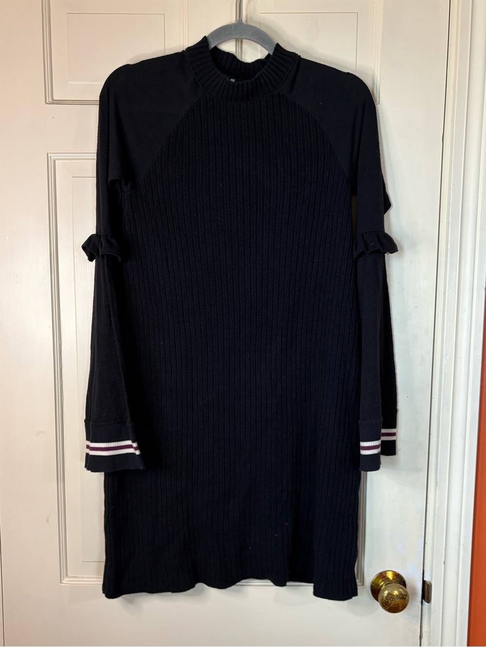 Free People Black Zou Bisou Ribbed Knit Bell Sleeve Sweater Dress Size Small - Picture 2 of 10